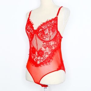 Fashion Nova | Tops | Red Lace Sheer Mesh Lingerie Bodysuit Open Back ...